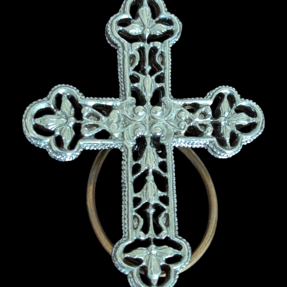 Vintage Silver Tone Ornate Cross Pendant Brooch Clip Christian Catholic Religion